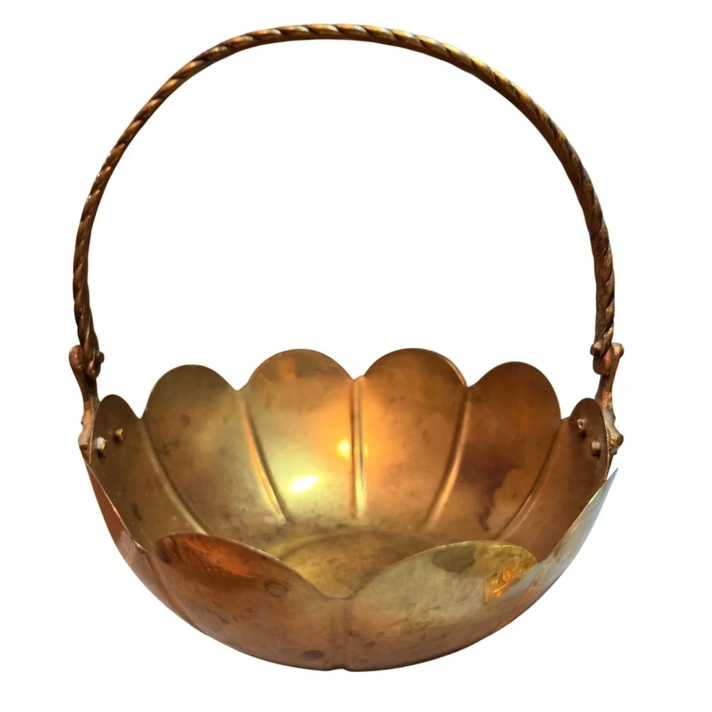Vintage Brass Scalloped Basket With Twisted Handle Approx. 8